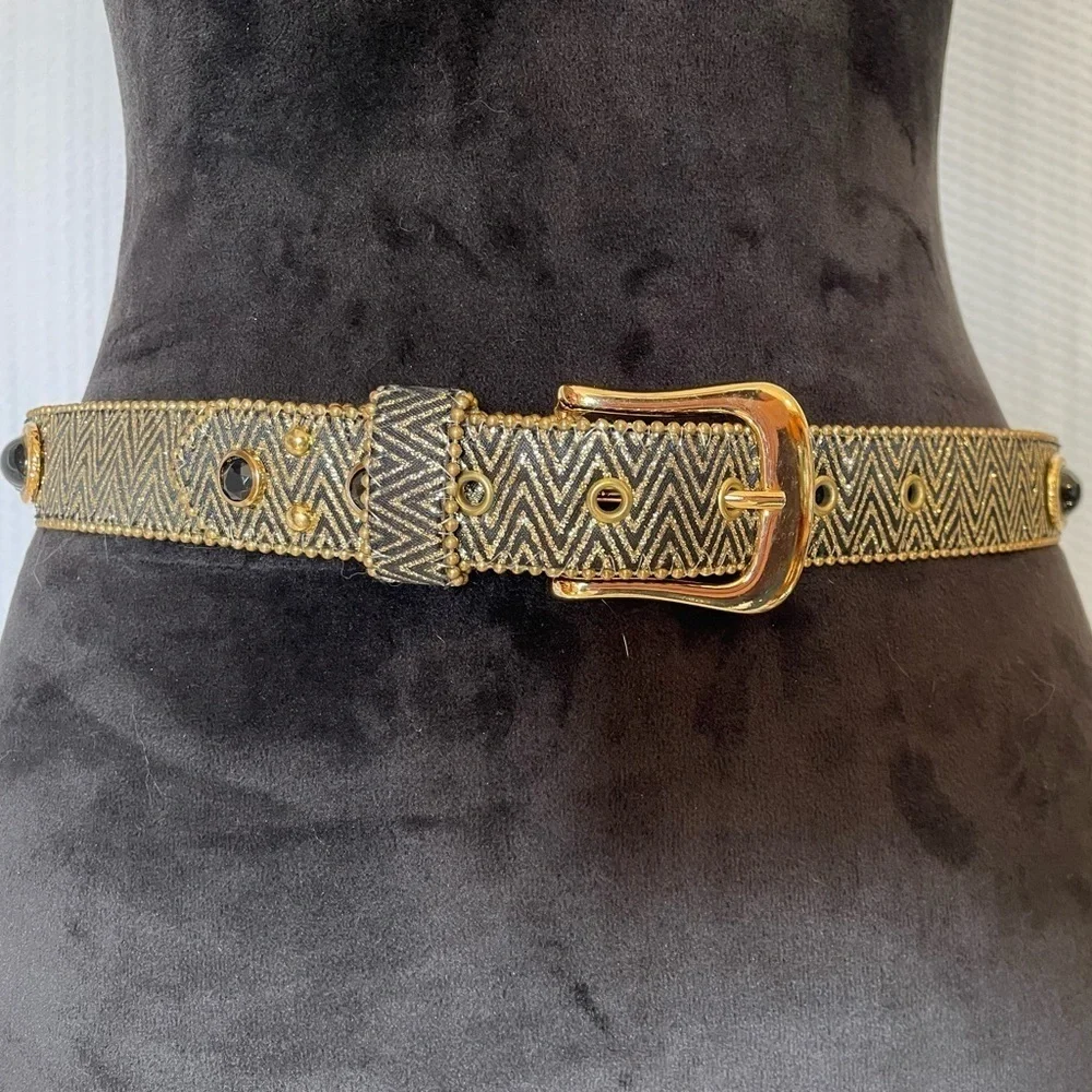 Black & Gold Herringbone Pattern 1” Belt With Beaded Accents Size Medium